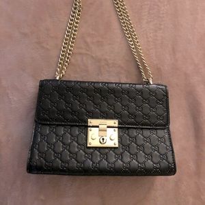 Gucci black leather monogram, double gold chain